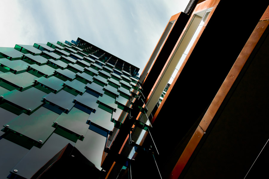 The marriage of rust and glass around the central elevator shaft