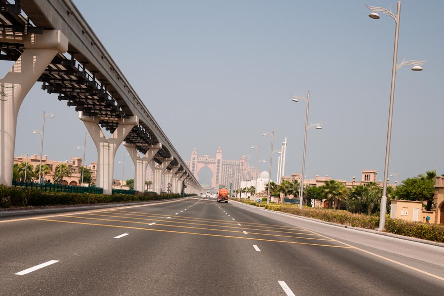 Heading down the centre of The Palm Jumeirah. The Atlantis 5-star hotel sits in the distance