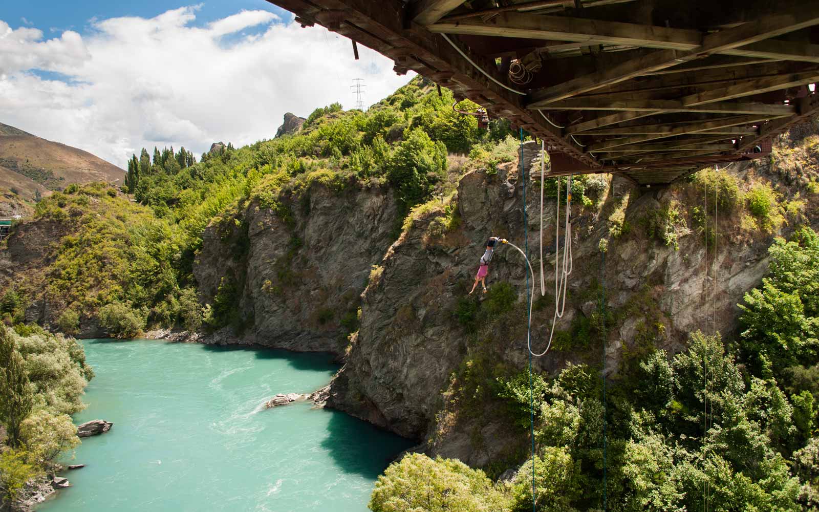 A jumper leaps from the Kawarau Bridge Bungy.